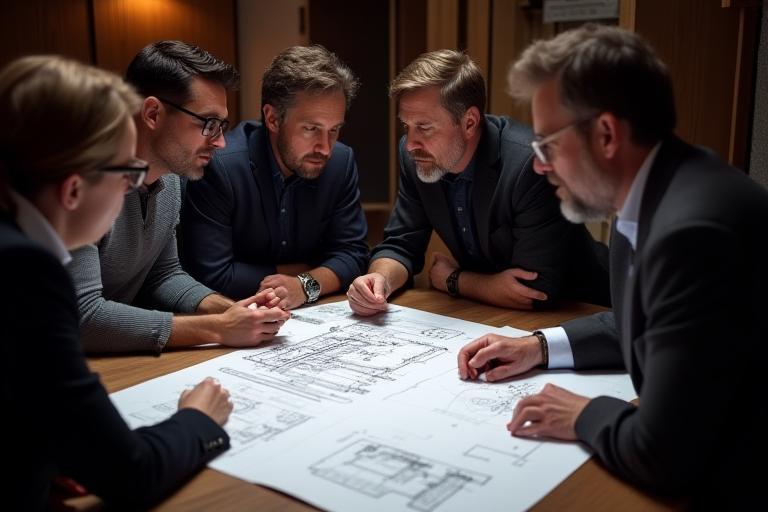 Team members working on acoustic design plans or audio equipment.