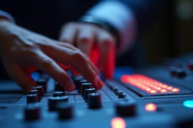 Audio mixing console with hands adjusting faders.